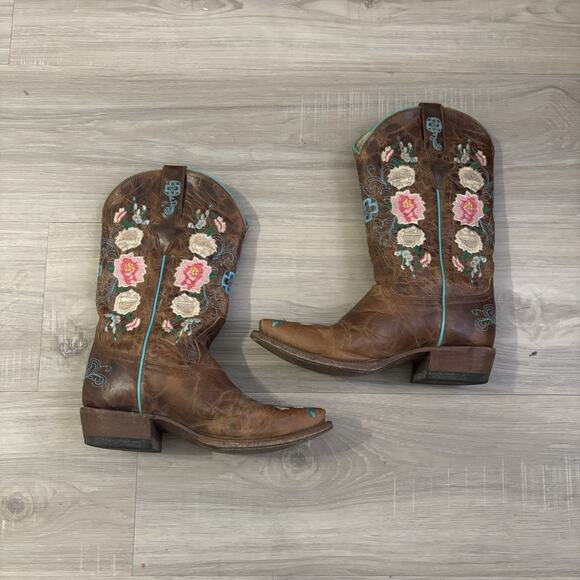 Macie Bean “Honey Bunch” Cowgirl Boots Kids Size 3 — Tan Leather, Floral Embroid - Picture 1 of 9